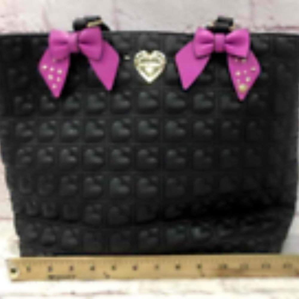 Betsey Johnson Women Black PVC Quilted Double Handle Shoulder Strap Tote Handbag